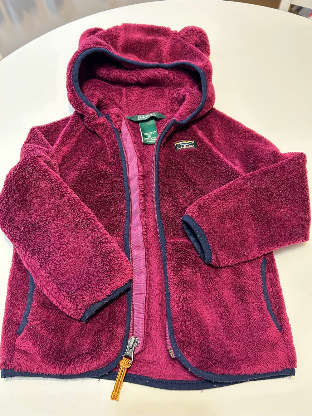 L.L. Bean Plush Hooded Jacket in Bright Magenta with Navy Trim
